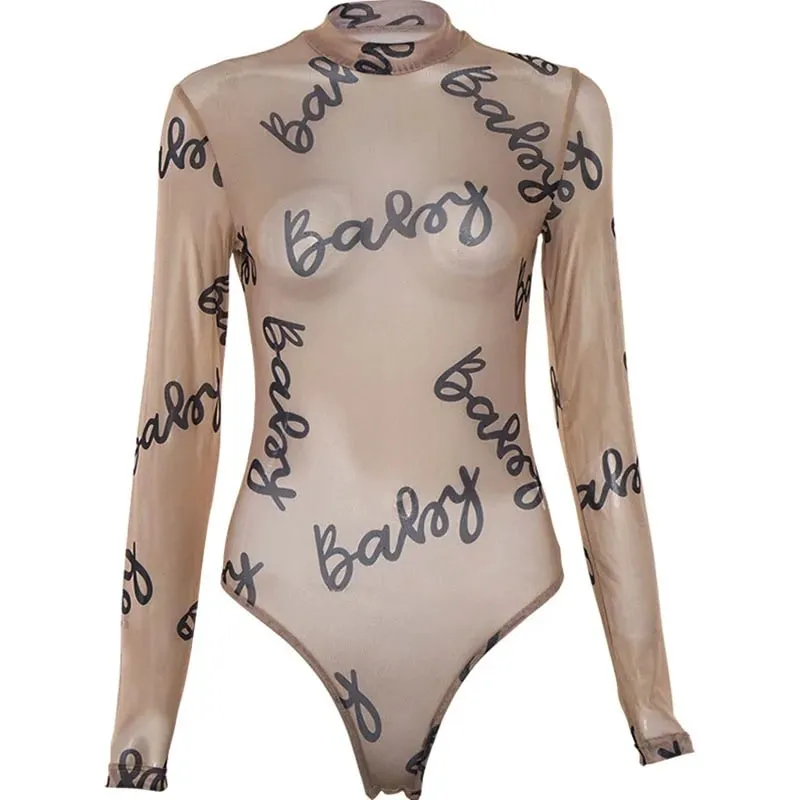 2025 Summer Sexy Letter Print Transparent Mesh Bodysuits Langærmede Se Gennem Baby Bodycon Rompers Dame Jumpsuits