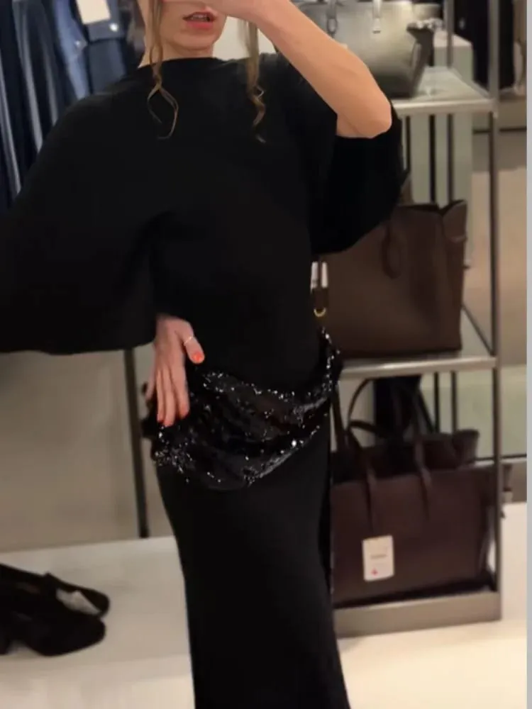 Paljett Patchwork Rygglös Klänning Kvinnor Elegant Solid Mellersta ärm Smal midja Smal långa Klänning Mode Kvällsfest Vestidos — image 3
