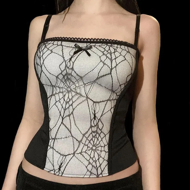 Camisola gótica Punk para chica con diseño de tela de araña, retales de encaje, Sexy, sin mangas, con cuello cuadrado, camiseta sin mangas ajustada, parte de arriba, ropa informal, Top corto — image 12