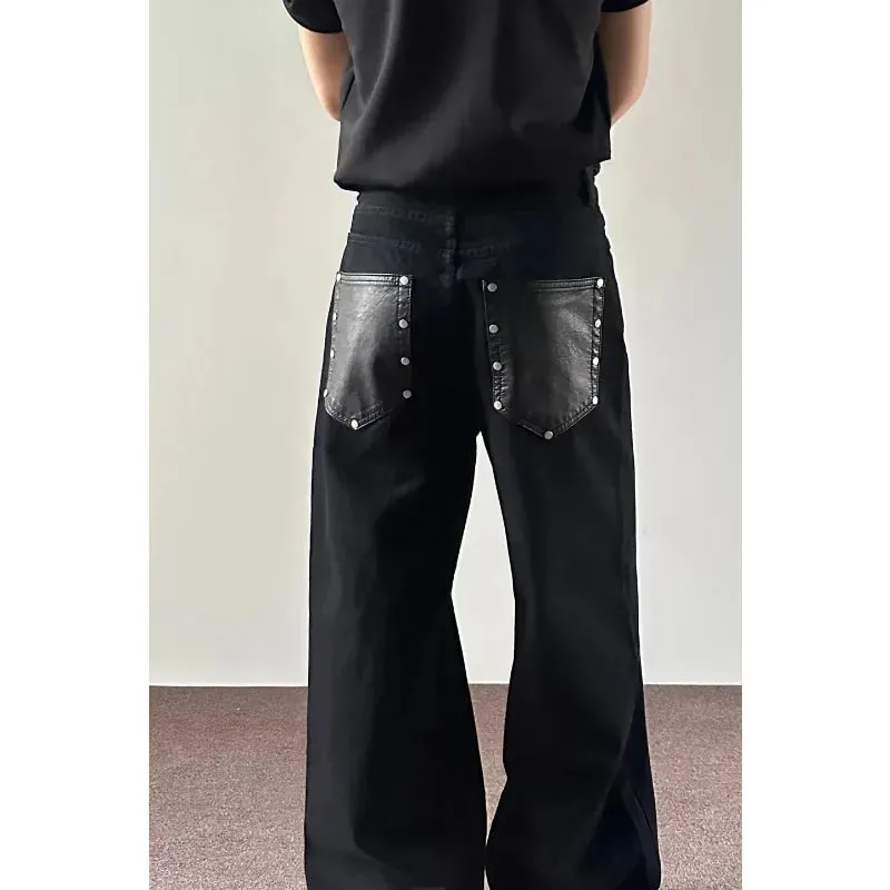 Jeans pour hommes Noir Baggy Denim Pantalon Style américain Rivet Cinq Boutons Poche Coupe Ample Streetwear Homme Pantalon