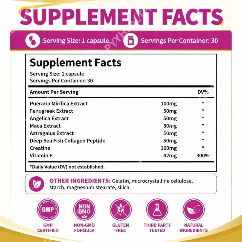 Plumpe baldekapsler med Pueraria Mirifica-ekstrakt Bukkehornekstrakt Maca-ekstrakt og E-vitamin 30 kapsler — image 3
