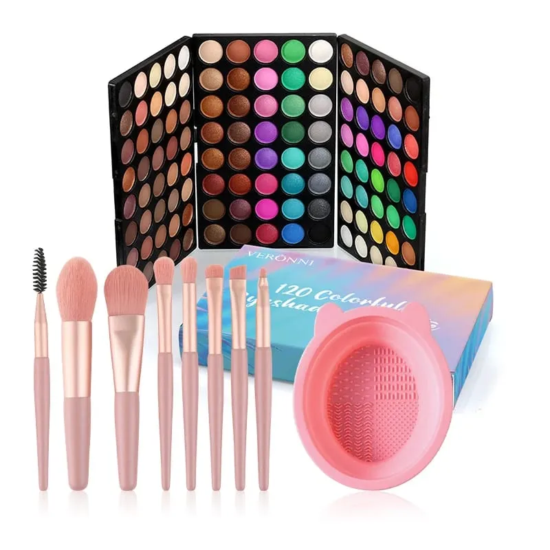 Kit de maquillage 3 pièces, Palette de fard à paupières 120 couleurs avec 8 pinceaux de maquillage et bol de nettoyage de brosse pliable en Silicone pour les fêtes quotidiennes