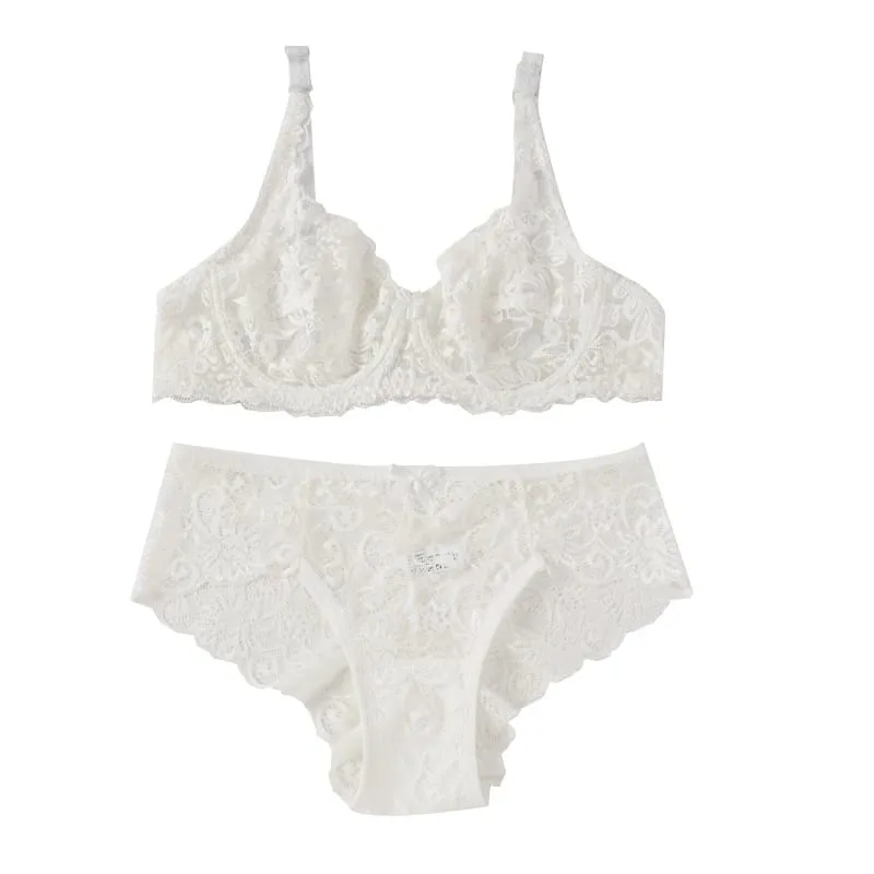 Ensemble de soutien-gorge fin en dentelle pour femmes, Sexy, sans coussinet, exquis, push-up, solide, respirant, à armatures, string, culottes, sous-vêtements