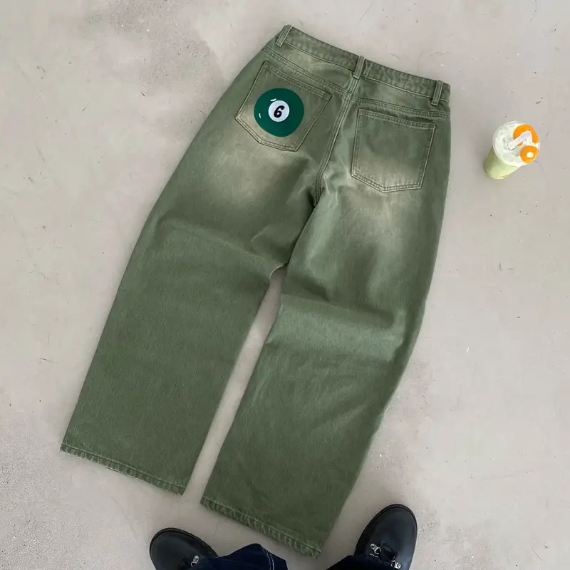 Y2K 레트로 말차 데님 청바지 씻어 당구 수 놓은 데님 바지 런던 패션 뉴욕 스타일 streetwear 남여 헐렁한 청바지