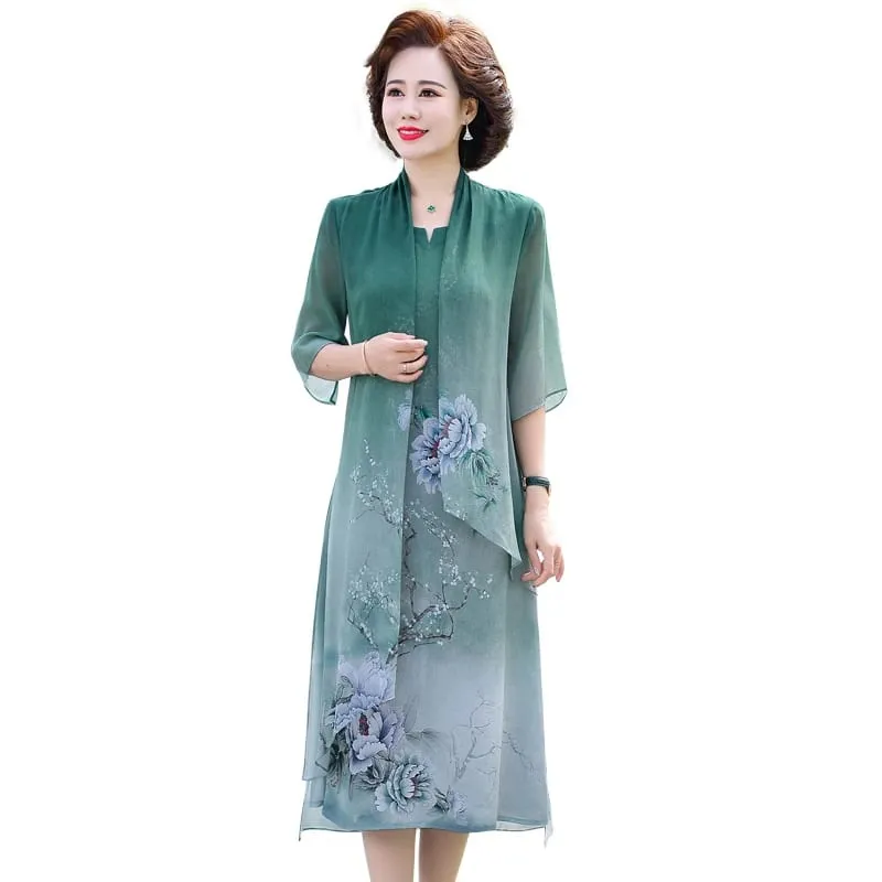 Fake two Summer Silk Middle Aaged Women Chiffon Short Sleeve Midi Dress Female Elegant Mother Dresses Vestitos — image 3