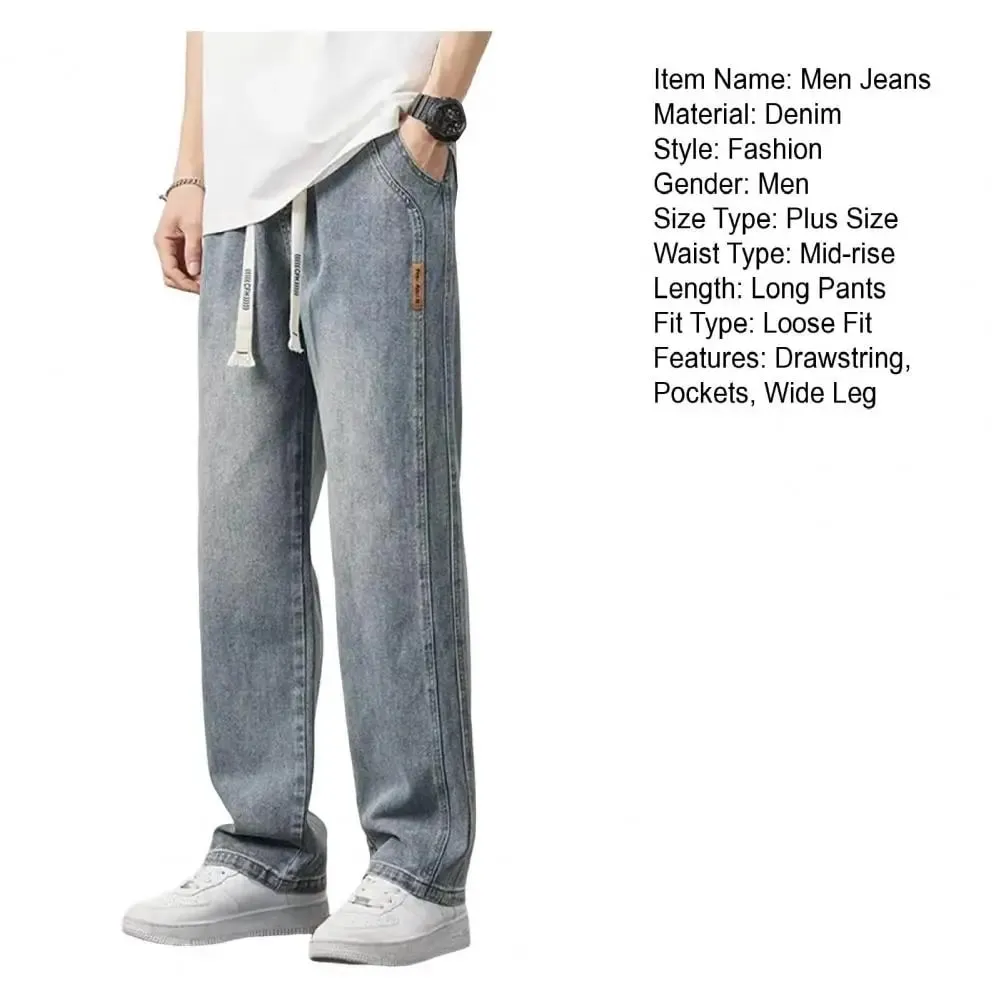 Non-deformed Men Gradient Color Jeans Versatile Men's Elastic Waist Denim Pants Adjustable Drawstring Solid Color for Casual
