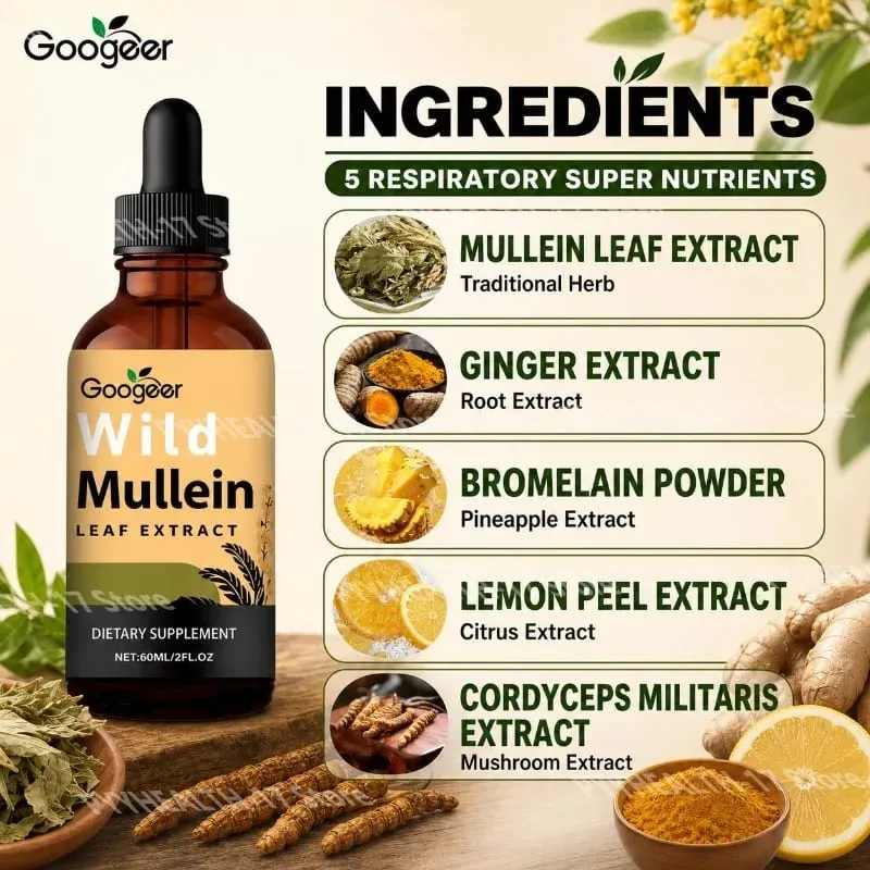 Googeer Wild Divizna listový extrakt Tekutá podpora dýchání Zázvor Citronová kůra Extrakt Bromelain a Cordyceps extrakt 60 ml