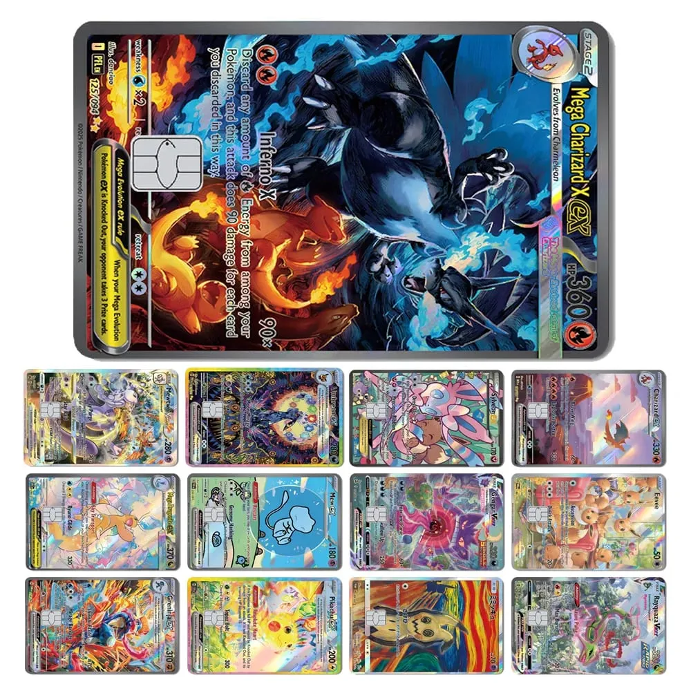 ماجيك القرش ميو تشاريزارد EX Eevee Gengar بيكاتشو TCG بطاقة ثلاثية الأبعاد ليزر الجلد لاصق غشائي لبطاقة الائتمان البنك — image 1