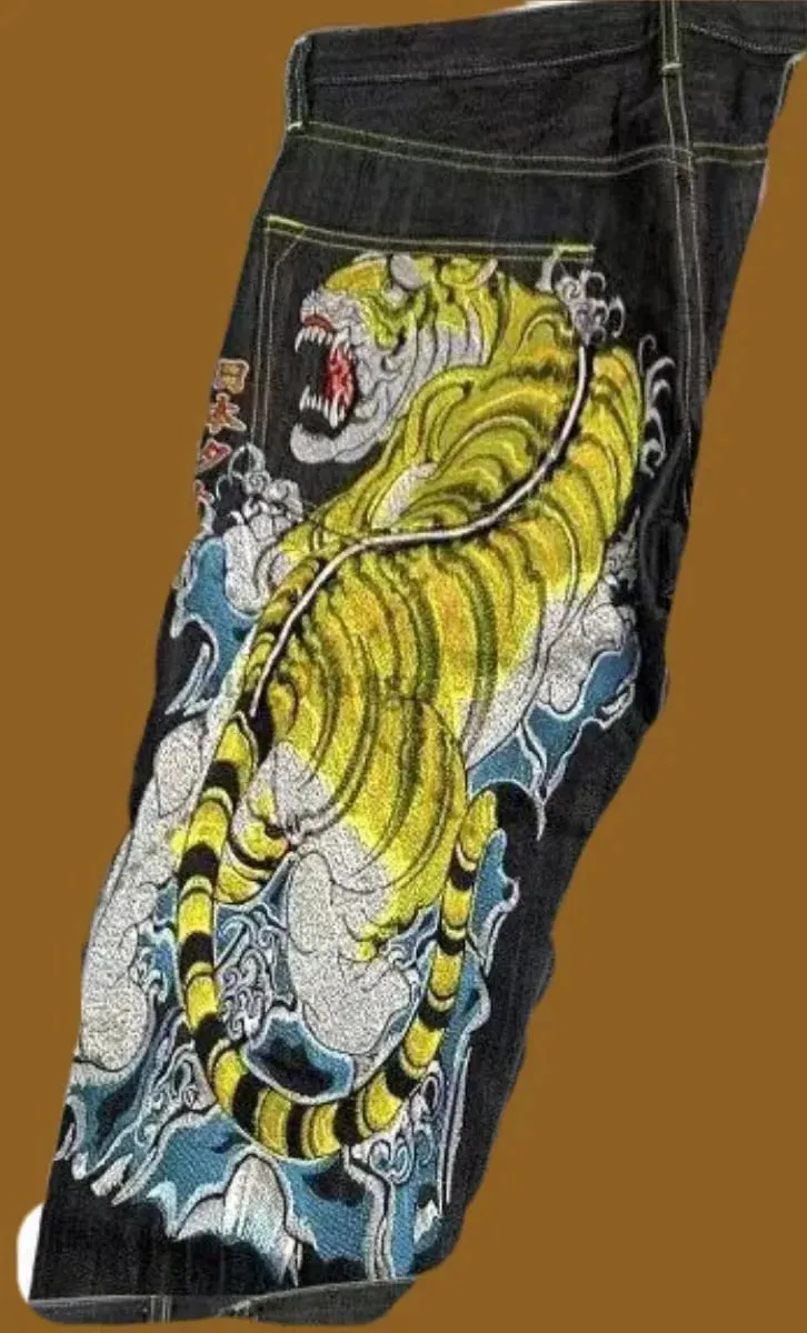 Japanische Hip-Hop-Jeans mit Brokat-Karpfen-Aufdruck, gleicher Stil, Paar-Waschung, hohe Taille, Retro-Freizeithose, lockere Passform, gerade Hose mit weitem Bein — image 12