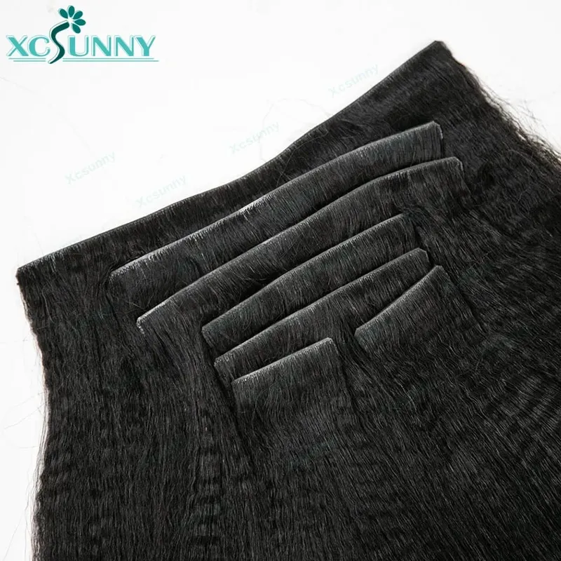 Invisable Edge Clip Ins Human Hair Extensions Yaki Straight Injected PU Tape Weft Clip In Hair Extensions 7Pcs/set Clip on Hair