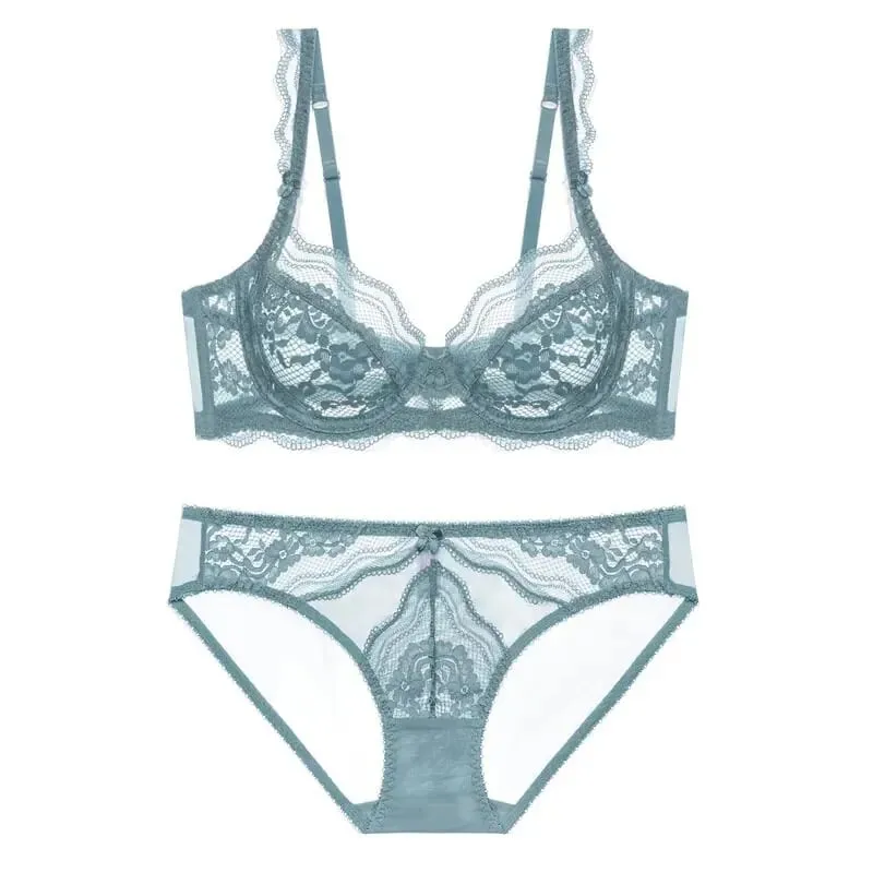 Plus Kích Thước Full Áo Ngực Quả Giá Bộ Áo Ngực Sheer Ren Hoa Mỏng Chống Chảy Xệ Hỗ Trợ Trong Suốt Quần Lót Nữ Thoáng Khí Dùng Thân Thiết — image 9