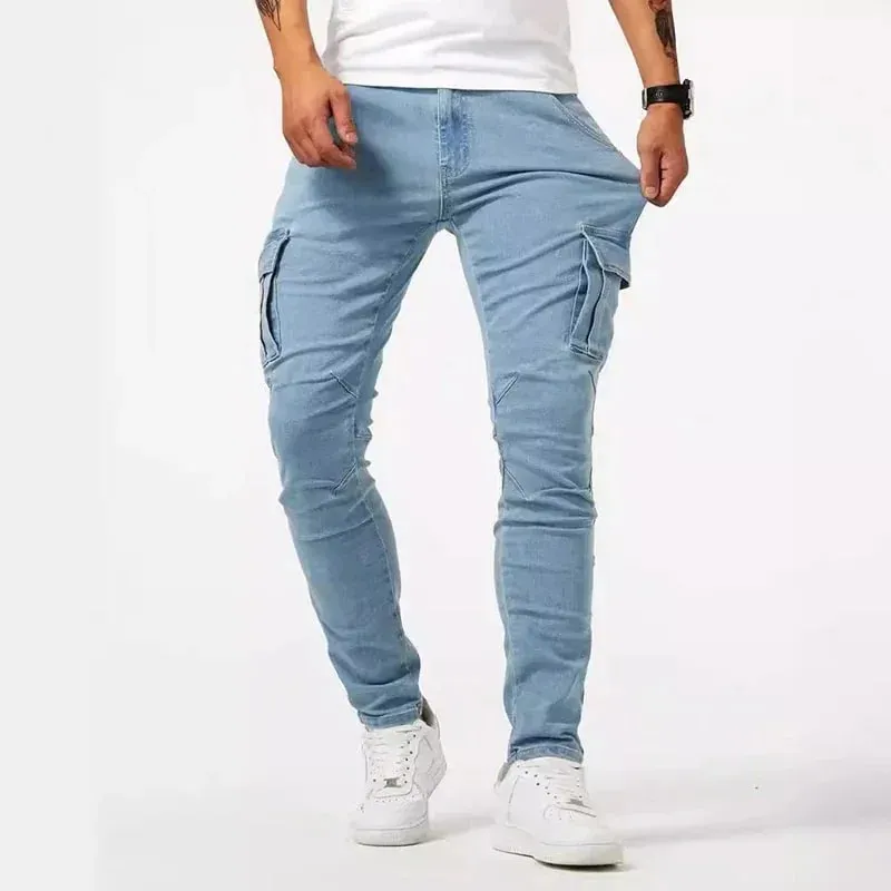 Männer Casual Bleistift Jeans Männlichen Elastische Multi Tasche Kleine Dünne High Street Denim Hosen Waschen Einfarbig Mittlere Taille Cargo-Jeans — image 4