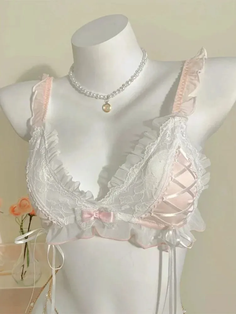 W stylu Lolita cienka koronkowa miseczka trójkątna biustonosz dla kobiet śliczny mały biust seksowna bielizna
