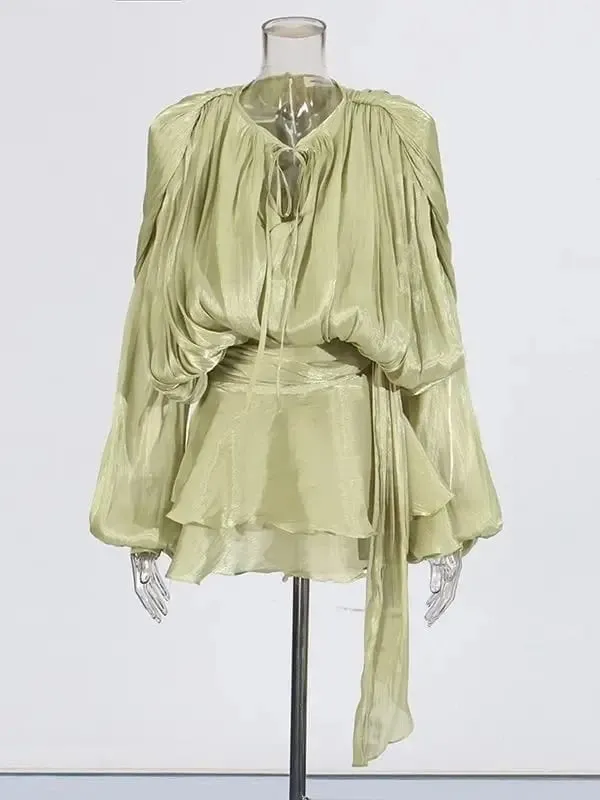 Solide Bluse Mini Kleider Für Frauen V-ausschnitt Langarm Verstärktes Spitze Up Süße Stil Kleid Weibliche Kleidung Mode — image 12