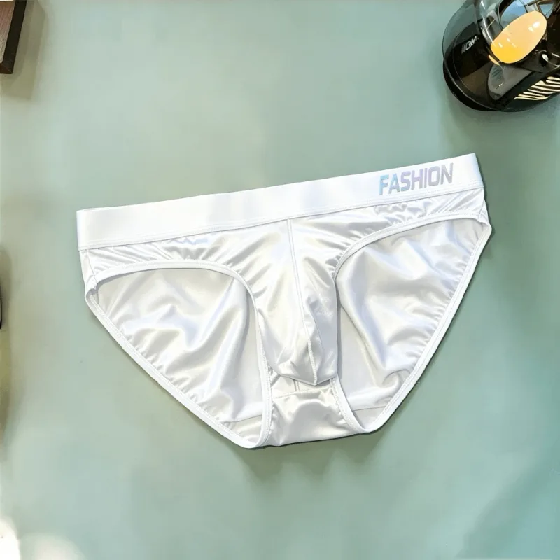 Men Glossy Satin-like Smooth Brief Ice-Silk Hip Wrap LargePouch Satin Silky Briefs Low Waist Gradient Letter Glossy Underwear — image 6