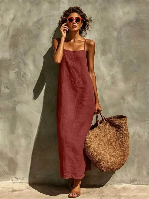 ฤดูร้อนผู้หญิงสีทึบสบายๆลื่น Sundress ทราย Beachwear แขนกุดหลวม Maxi ยาวชุดวันหยุด — image 11