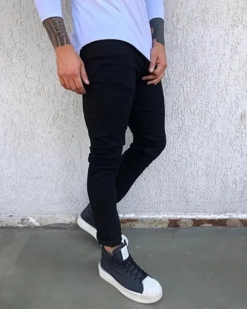 Musim Bunga Musim Gugur Baru Seluar Jeans Lelaki Regangan Hitam Ramping Kaki Kecil Kasual Warna Pepejal Mudah Lelaki Seluar Denim Kurus Pakaian Jalanan — image 9