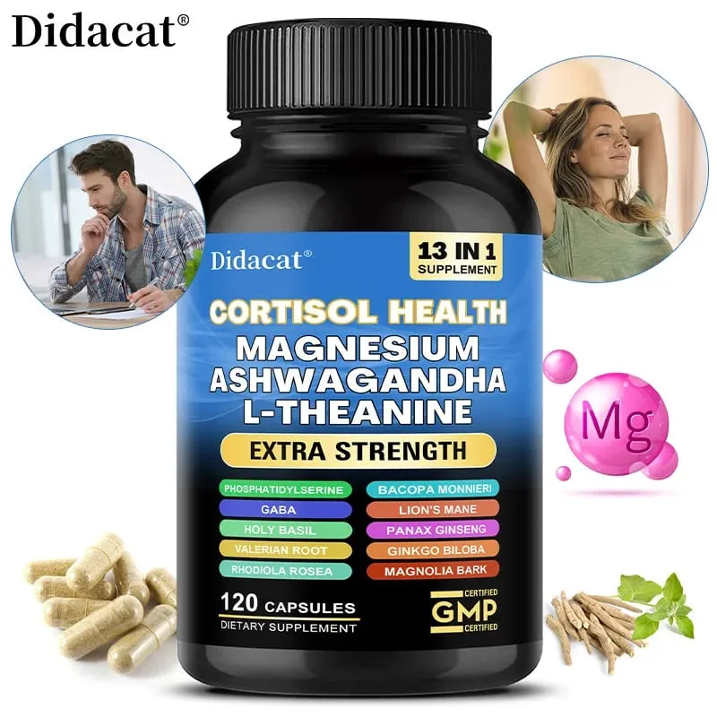 Cortisol Support Capsules na may Ashwagandha at Magnesium Support Stress Relief Kalmadong Mood Adrenal Health at Matahimik na Pagtulog