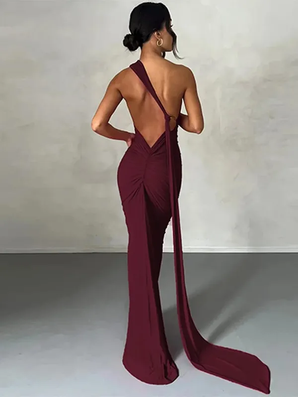 Pakaian Neon Y2K Satu Bahu Tanpa Lengan Tanpa Belakang Tanpa Belakang Ruched Bodycon Gaun Maxi untuk Pesta Hari Lahir Kelab Wanita Prom Petang — image 8