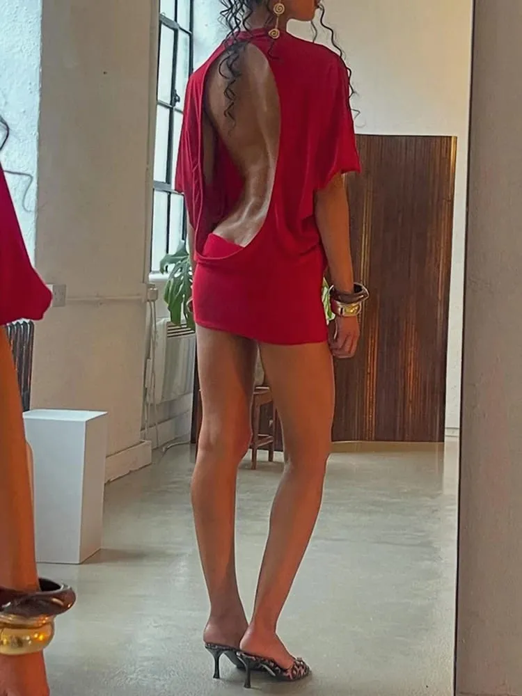 Cutenew Solid Backless Women Mini Dress Trend Summer Sexy Chic Half Sleeve Crew Neck Body-shaping Frock Mujer Simple Party Wear — image 1