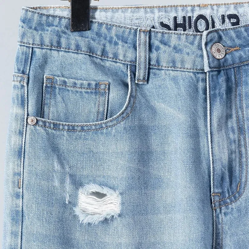 Seluar Jeans Koyak Nipis Musim Panas Lelaki Lurus Bernafas Denim Seluar Kasual Pakaian Jalanan Harlen Seluar Panjang Buku lali Biru Muda — image 6