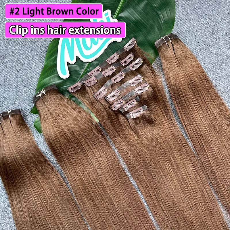 #2 Couleur Droite Clip ins Extensions de Cheveux Humains 100 Grammes 7 Pièces/ensemble Sans Couture PU Trame Clips en Vietnamien 100% Cheveux Vierges Bruts