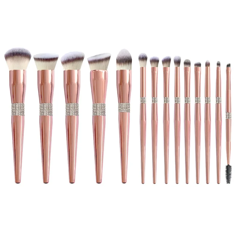 Nuovo set di pennelli per trucco con strass bling in oro rosa da 14 pezzi di lusso Set di pennelli per trucco vegan con diamanti glitterati con strass