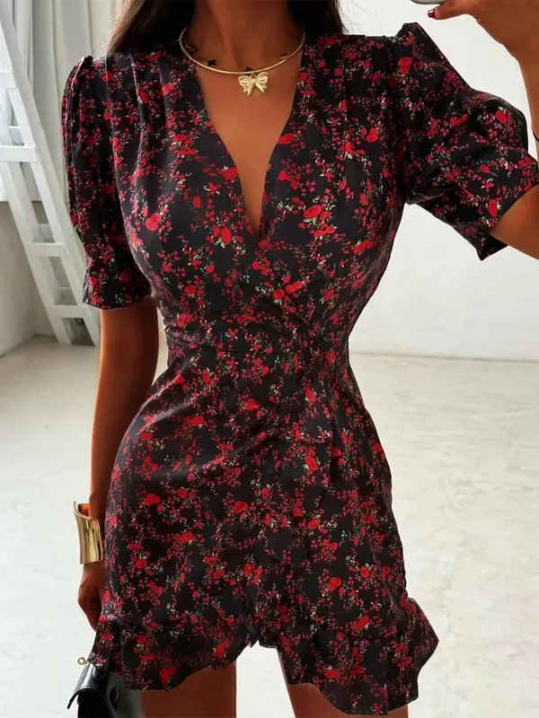 Abito corto sottile con stampa volant chic Abito corto corto con patchwork chic Maniche svasate con scollo a V Abiti pieghettati 2026 Abiti casual estivi da donna — image 17