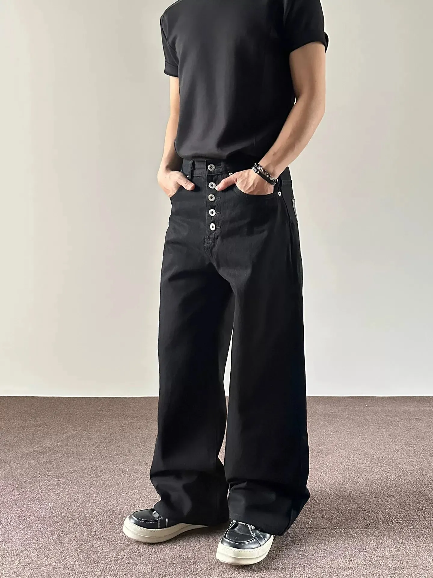 Jeans pour hommes Noir Baggy Denim Pantalon Style américain Rivet Cinq Boutons Poche Coupe Ample Streetwear Homme Pantalon