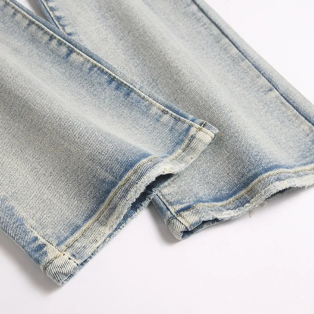 Jeans da uomo con toppa ad ala, taglio a stivale, rivetti, pantaloni svasati slim in cristallo, ricami, pantaloni in denim blu vintage — image 5