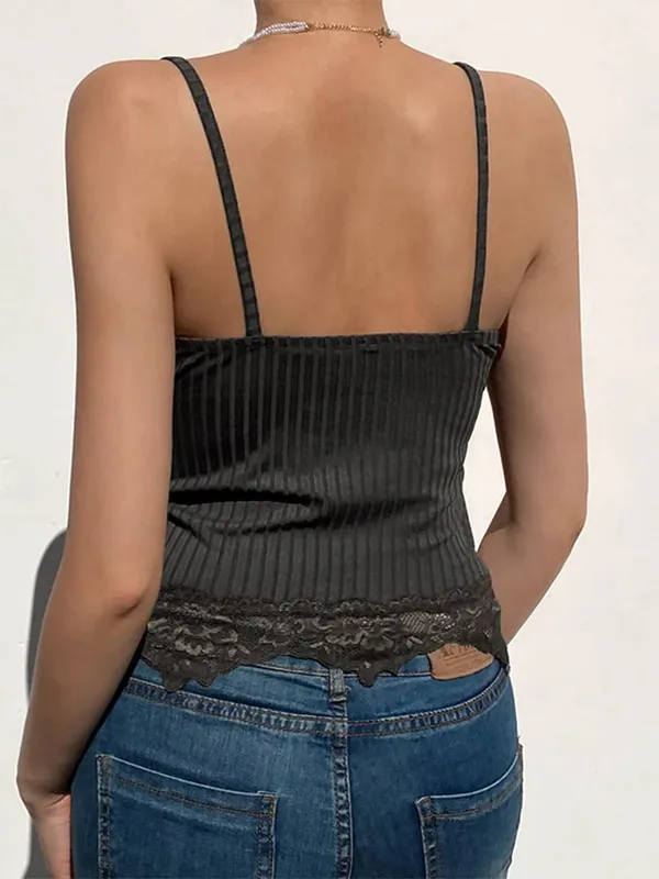 Gothic Basic Bodycon Women Camis Grunge Punk Black Casual Lace Trim Crop Tops Ribbed Backless Alt Clothes Summer — image 3
