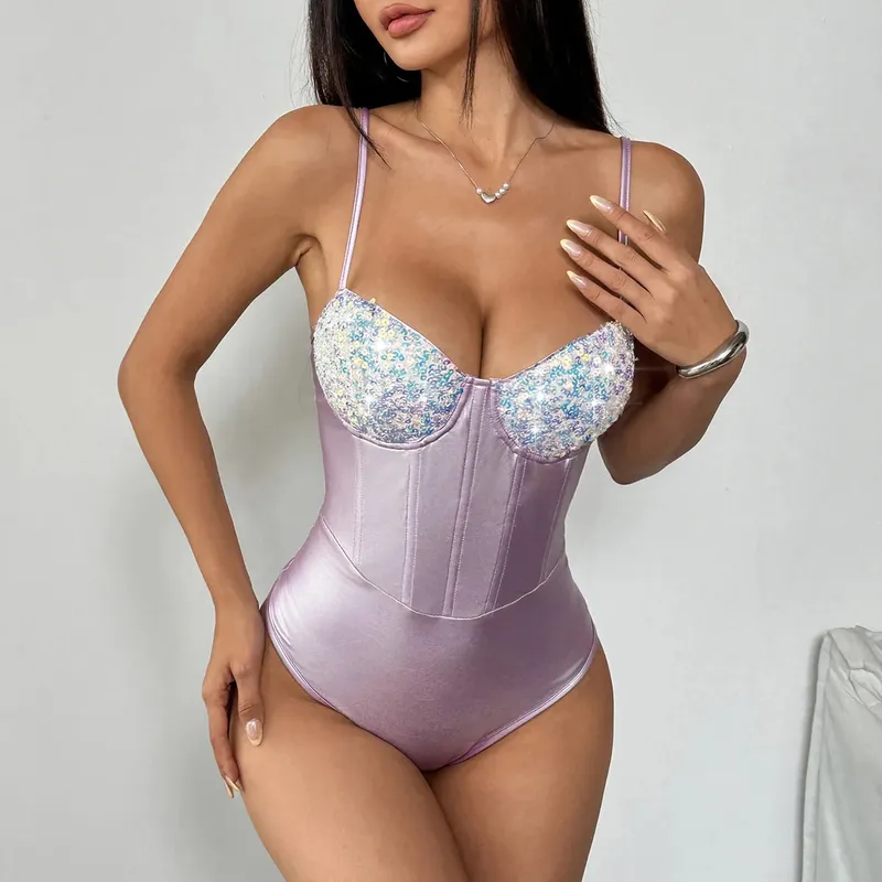 Tali Spaghetti Tanpa Lengan Musim Panas Labuci Underwire Satin Bodysuit Wanita 2026 Streetwear Pakaian Kelab Seksi Satu bahagian Atas Badan — image 8
