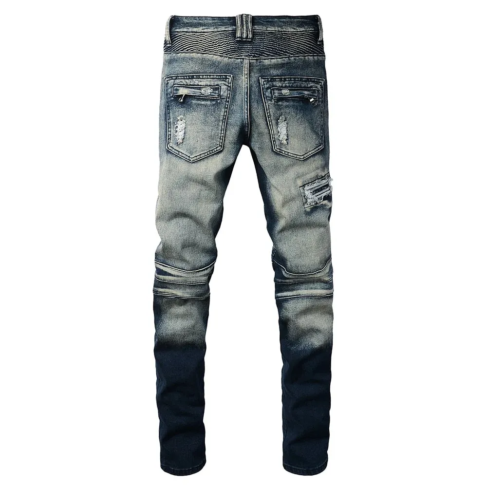 Herren-Biker-Jeans für Motorräder, Löcher, Risse, Distressed-Patch-Hose, Stretch-Denim, Baumwolle, schmale, gerade Hose, hohe Qualität — image 2