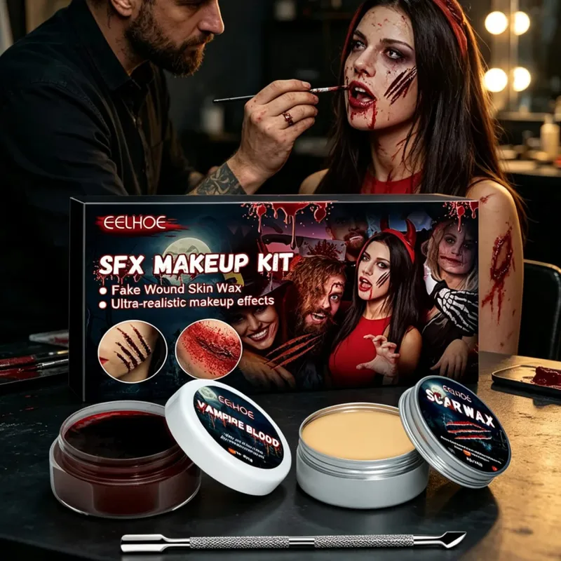 SFX 메이크업 키트 가짜 상처 뱀파이어 혈액 실제 효과 오래 지속되는 안전한 피부 친화적인 할로윈 특수 효과 메이크업 키트 — image 3