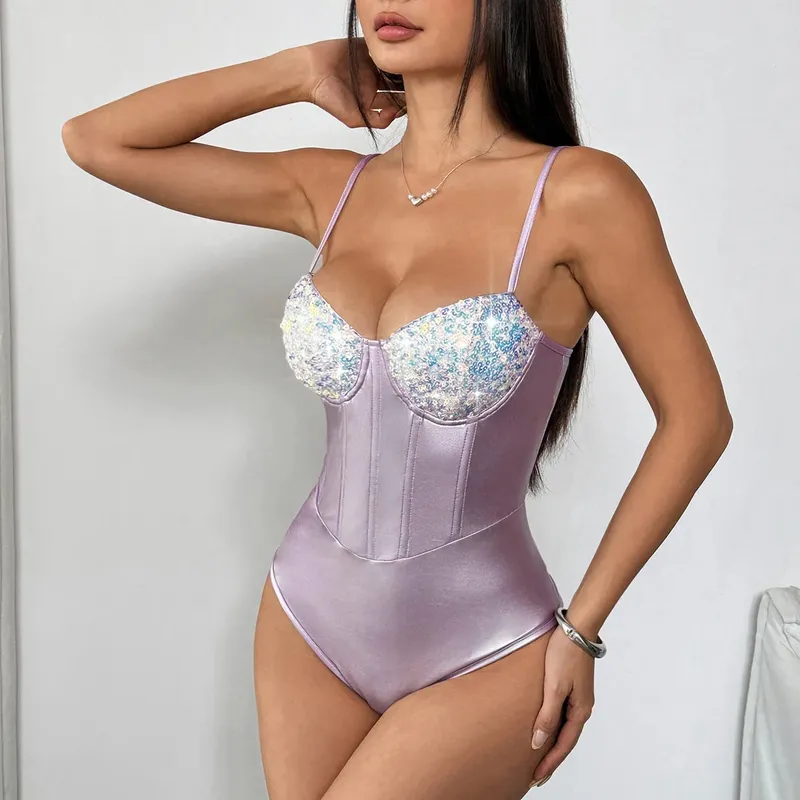 Tali Spaghetti Tanpa Lengan Musim Panas Labuci Underwire Satin Bodysuit Wanita 2026 Streetwear Pakaian Kelab Seksi Satu bahagian Atas Badan — image 7