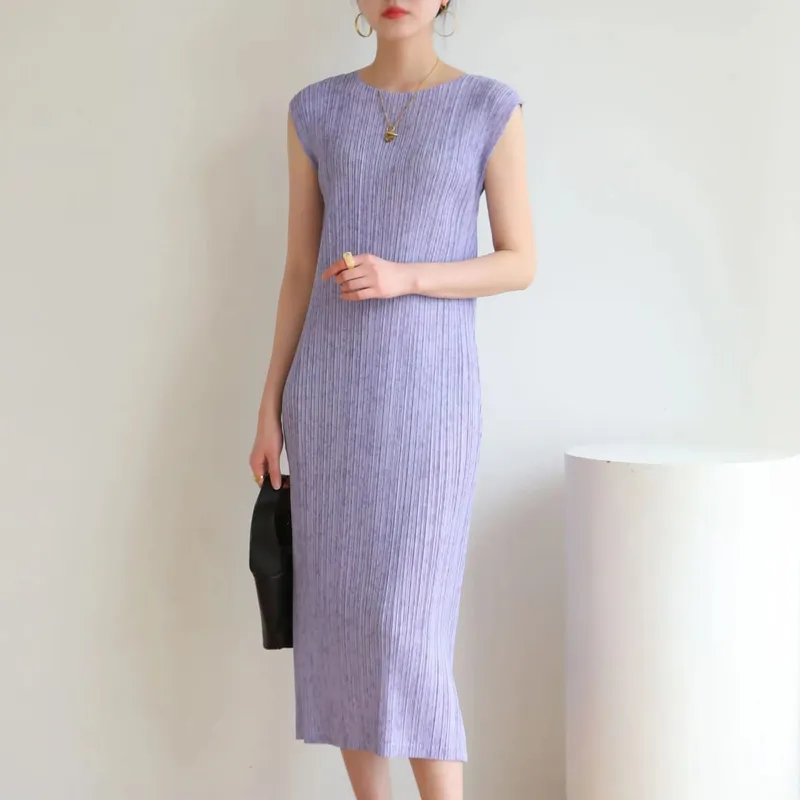 Miyake Pleated Solid Color Sleeveless Dress 2025 Summer New Draped Floral Print Temperament Commuter Casual Fashion Dresses — image 3