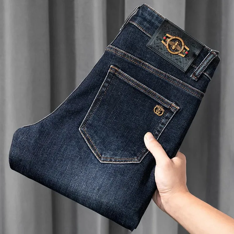 Leichte, luxuriöse blaue Jeans für Herren, Herbst und Winter, dick, 2024, neue, einfache und vielseitige, lässige, schlanke Stretch-Hose im High-End-Stil