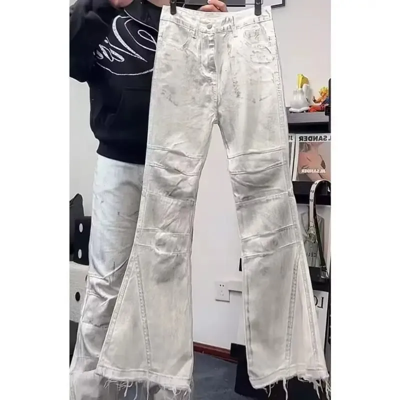 Jean évasé rétro américain Y2K pour femmes, pantalon en Denim blanc délavé, Patchwork, Vintage Hrajuku Punk, taille haute, Slim, Streetwear — image 3