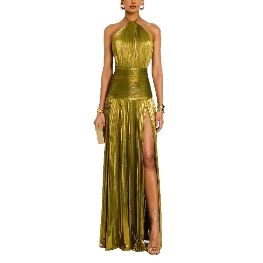 Gold Halter Neck Evening Dress Woman Chic Solid Color Pleated Backless Package Hip Slit Dress Fashion Trendy Lady Party Vestidos — image 5