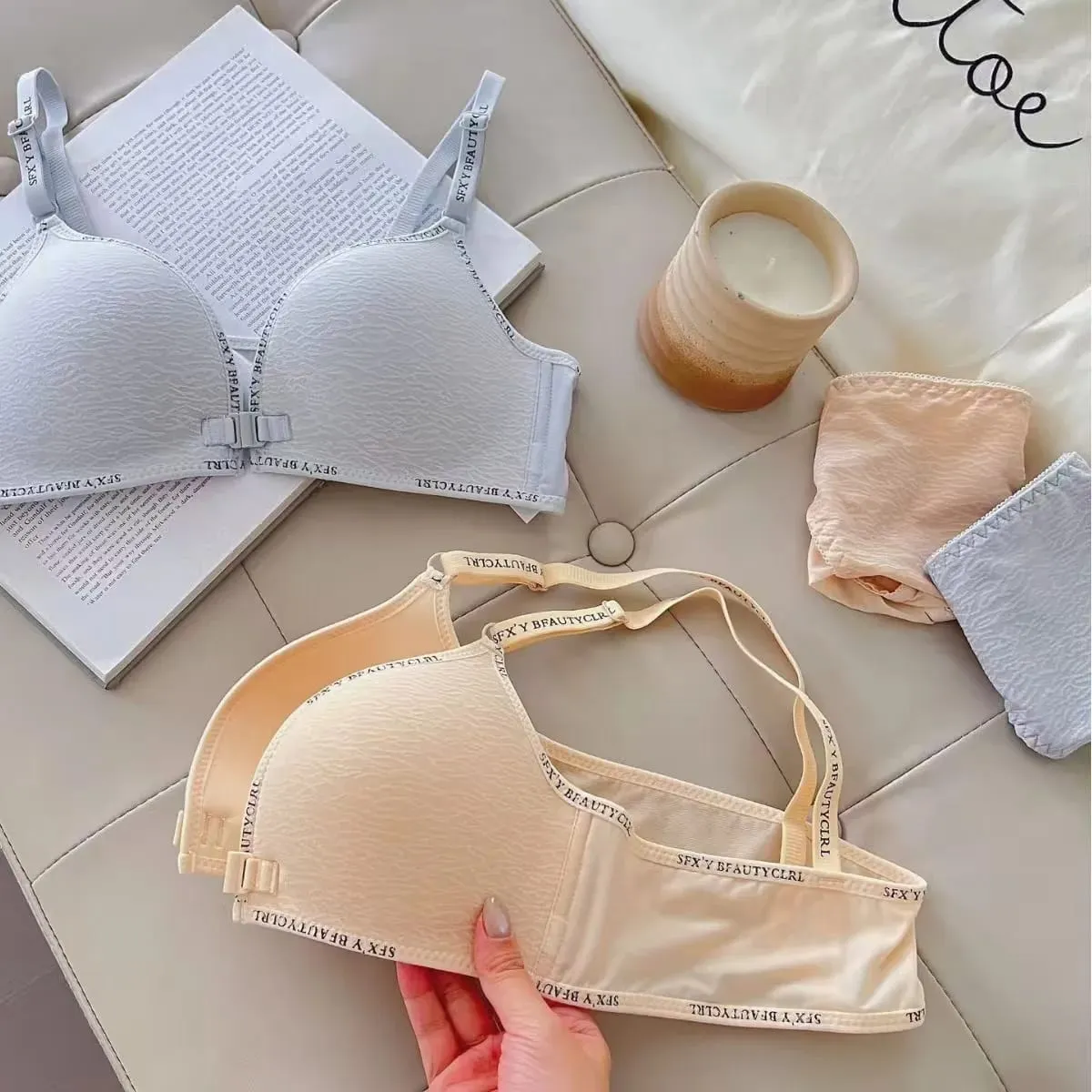 Set Pakaian Dalam Tekan Ke Atas Penutupan Depan Seksi untuk Payudara Kecil Coli Nipis Selesa Tanpa Cincin Keluli Tali Bahu Surat