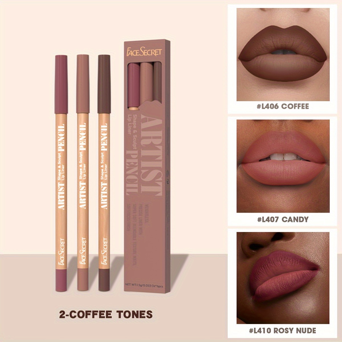 Face Secret 3 ชิ้นชุด Nude Lip Liner Natural Matte ยาวนานกันน้ำสูงสี Hook Line ดินสอเขียนขอบปากแต่งหน้า — image 8