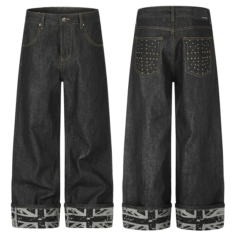 Jeans Denim Mentah Lebar Kaki Lelaki Hiasan Rivet Poket Belakang Labuh Berikat Cetak Pakaian Jalanan Punk Seluar Panjang Lurus 9X4317