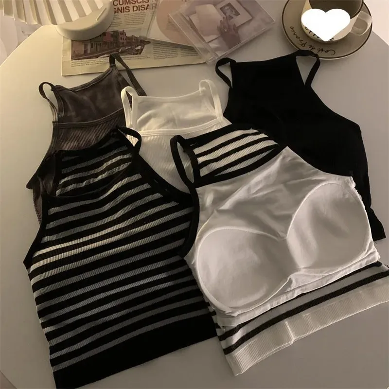 Canottiere da donna in versione coreana con filato solido, moda casual, top corto con imbottitura sul petto, senza maniche, canotta di base — image 4