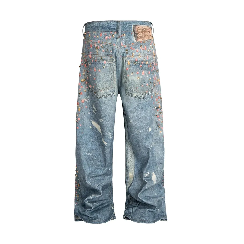 3D-gedruckte Volldiamant-Jeans für Männer, gerade gewaschen, Distressed, glänzende Diamon-Denim-Hose, Hip-Hop, lockere Baggy-Jeans — image 2