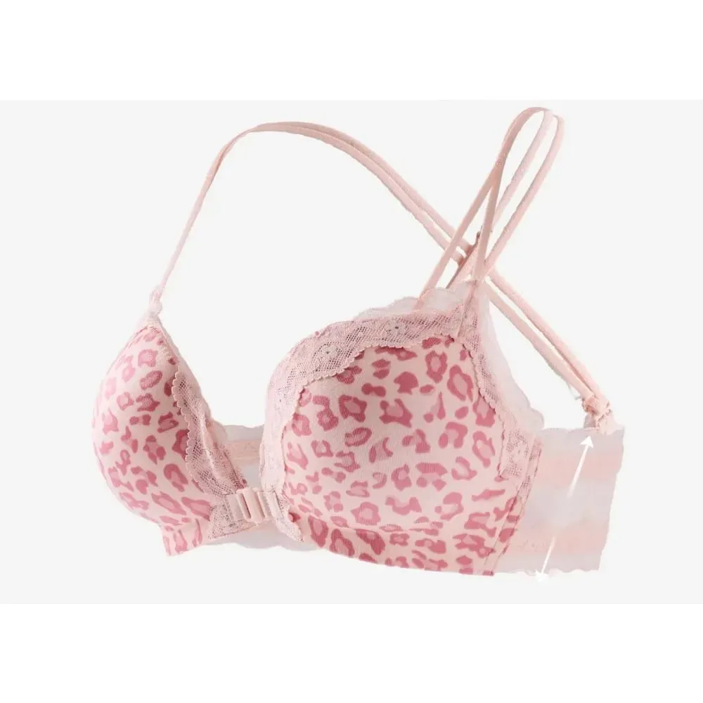 Wanita Leopard Penutupan Depan Bra Push Up Dada Kecil Anti Tumpahan Sisi Sokongan Brasi Belakang Seksi Saiz 32-38ABC Pakaian Dalam Harian — image 1