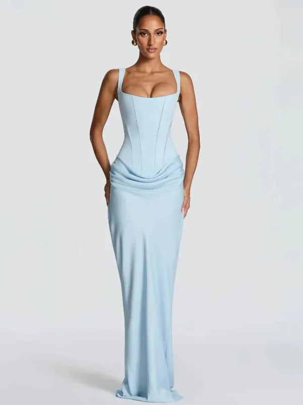 Elegante abito lungo pieghettato giallo senza spalline da donna Chic abito senza maniche solido in vita che stringe l'abito diviso 2026 abiti da sera da sera per donna — image 14