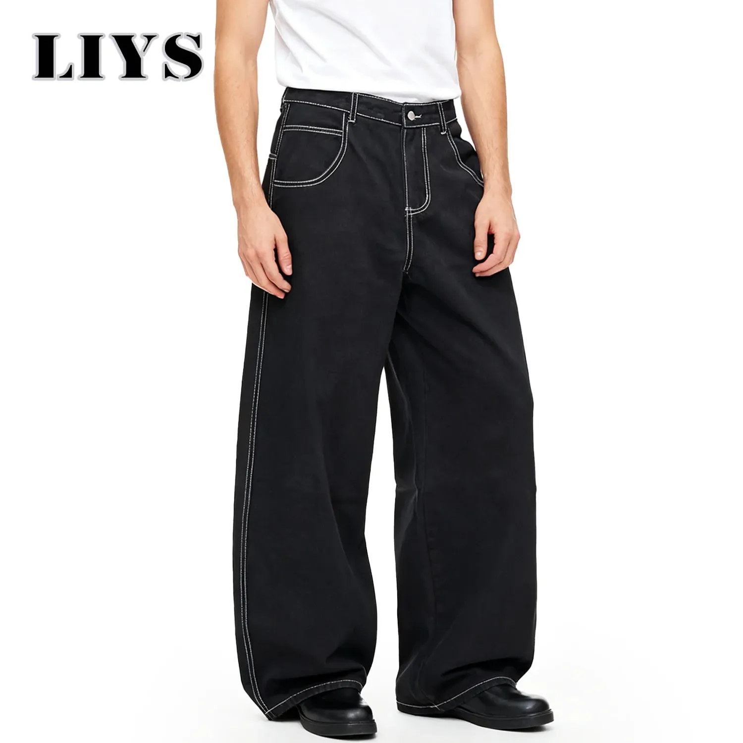 Wiosenne letnie męskie retro czarne luźne dżinsy z szeroką nogawką amerykański podstawowy unisex codzienny codzienne spodnie dżinsowe damskie czarne dżinsy w stosy — image 4