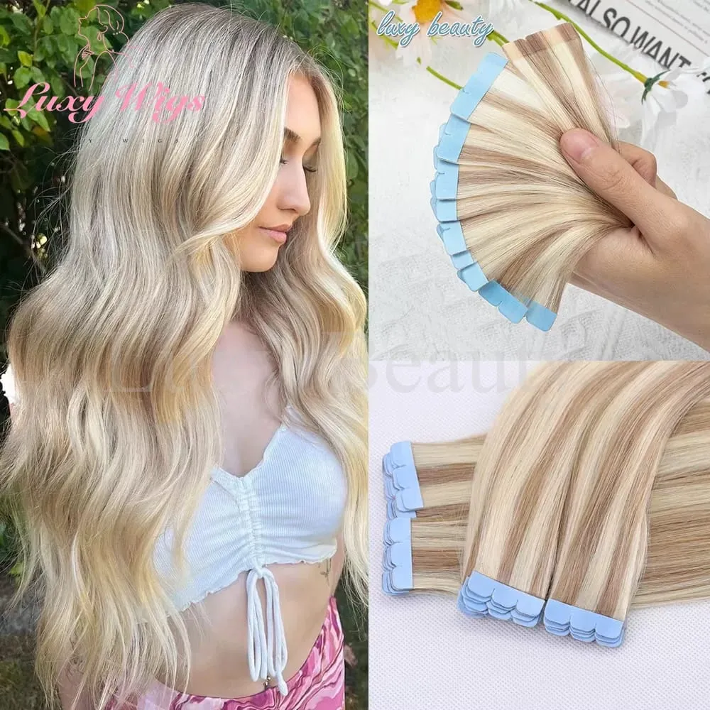 In evidenza Mini nastro marrone nelle estensioni dei capelli umani Mini nastro invisibile senza cuciture su doppio lato biondo nero naturale nei capelli 10 pezzi — image 13