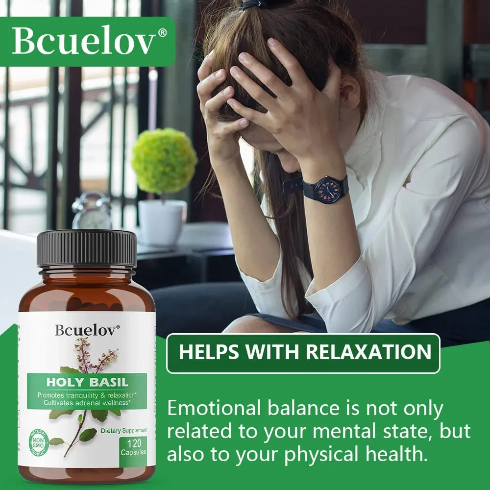 Holy Basil Tulsi Extract Capsules สนับสนุนต่อมหมวกไตภูมิคุ้มกันระบบทางเดินหายใจ & Daily Calm Wellness ความเครียดและความวิตกกังวลบรรเทา