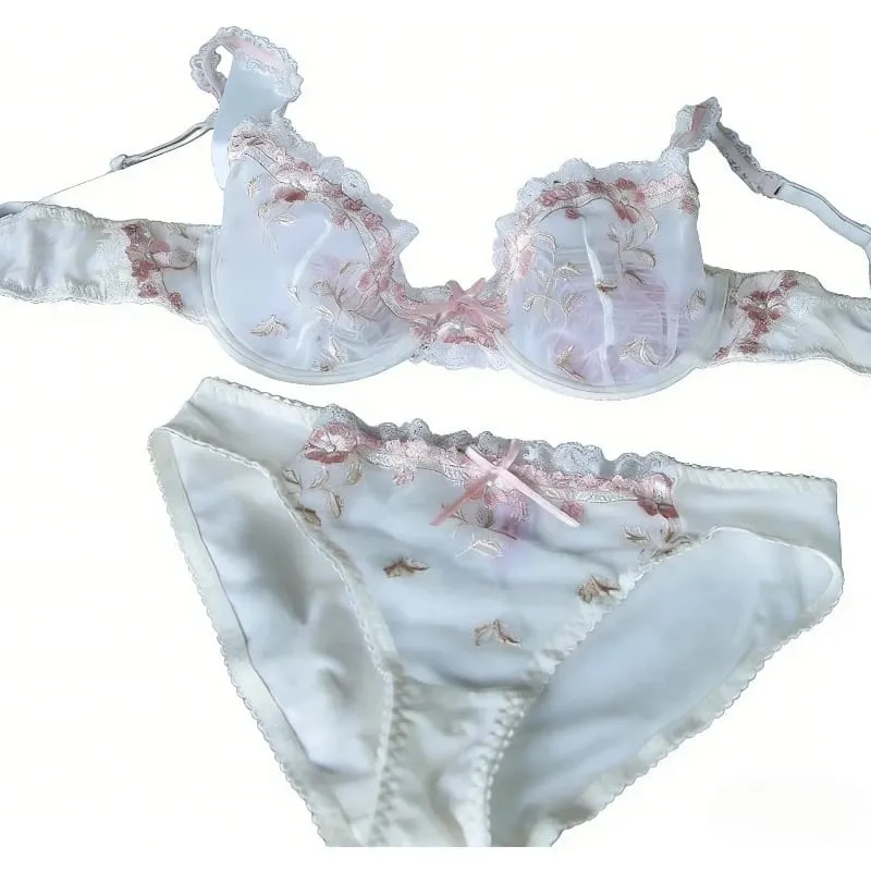 Ensemble de soutien-gorge non doublé de style Français | Demi-tasse minimiseur en dentelle pour grande taille de bonnet, sans rembourrage, fine, transparente, Anti-affaissement, Lingerie BANERDANNI — image 3